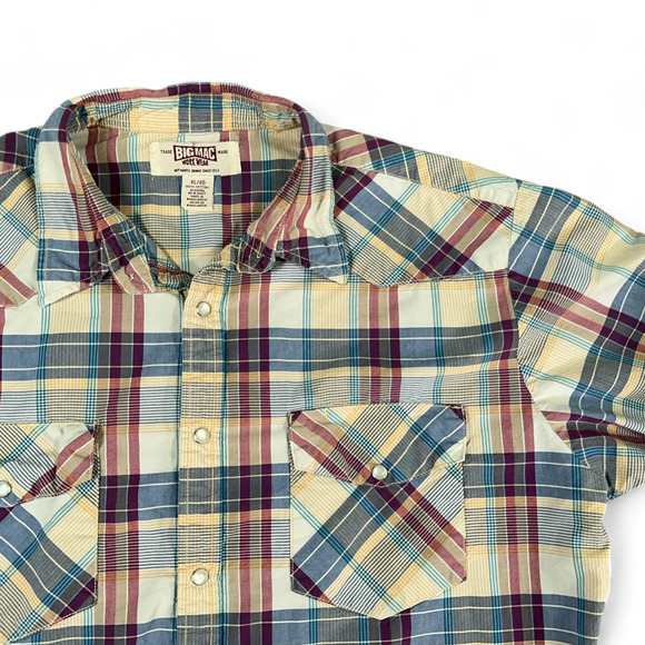 Vintage Big Mac Western Shirt Adult EXTRA LARGE Yellow Plaid Pearl Snap Y2K Work - Picture 2 of 9